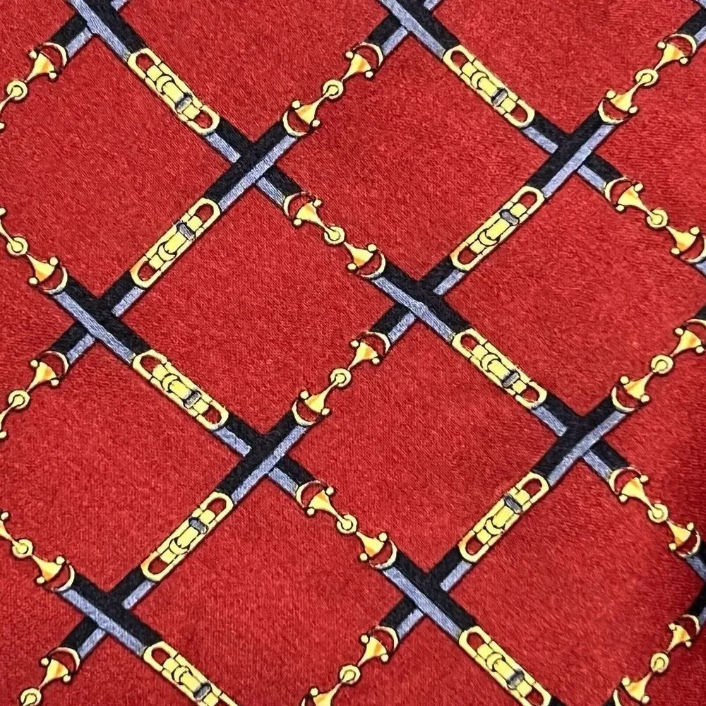 Dunhill Silk Necktie Red Equestrian Buckle Harness Horse Tack Tie 56”‎ X 4” VTG